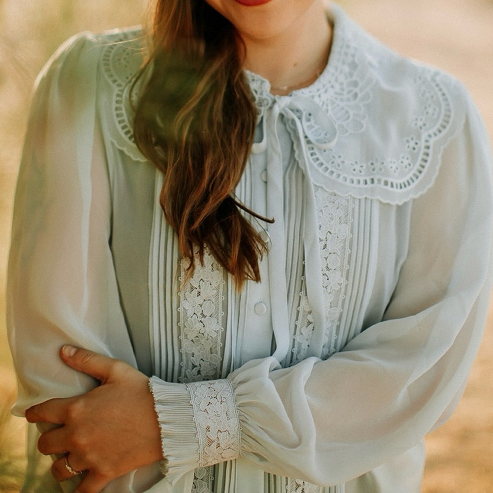 Self Portrait Light Blue Broderie Collar Chiffon Blouse